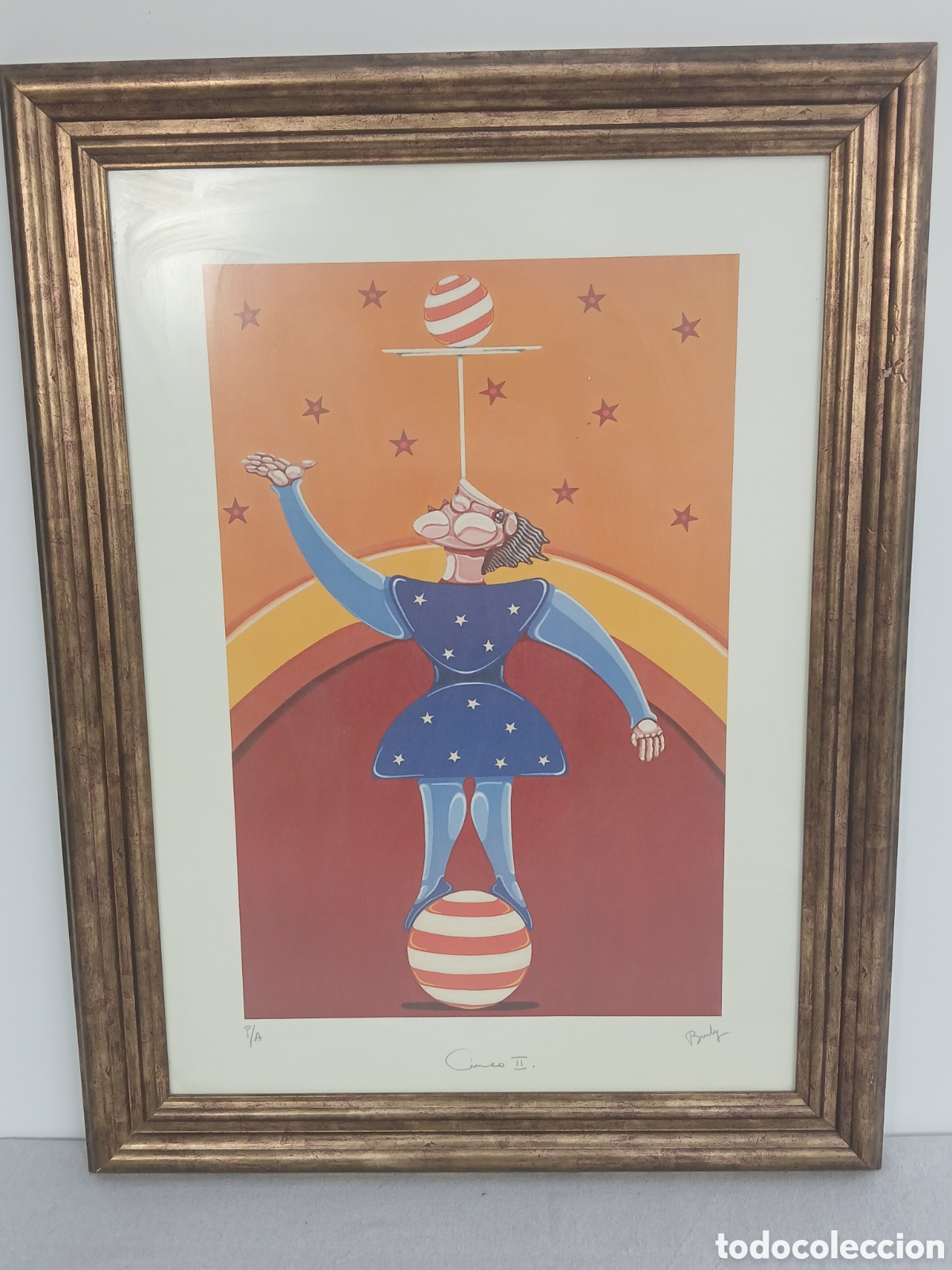 Arte: Arlequ&iacute;n. Litograf&iacute;a. Circo II firmado Bruly(?) P/A cristal de protecci&oacute;n opaco