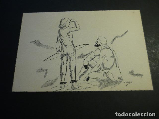 Arte: HOMBRE PREHISTORICO POR P. DIEGO LITOGRAFIA SOBRE TARJETA DE 11 X 16 CM