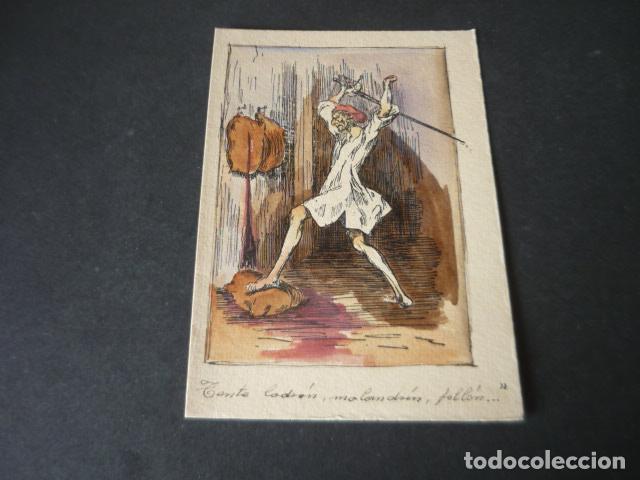 Arte: DON QUIJOTE DE LA MANCHA MIGUEL DE CERVANTES ANTIGUA LITOGRAFIA ILUMINADA A MANO 10,5 X 15,5 CM