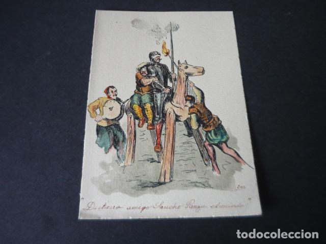 Arte: DON QUIJOTE DE LA MANCHA MIGUEL DE CERVANTES ANTIGUA LITOGRAFIA ILUMINADA A MANO 10,5 X 15,5 CM