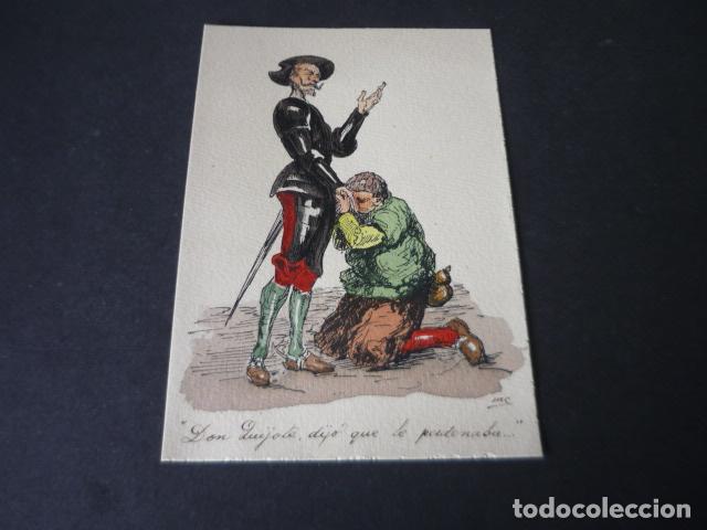 Arte: DON QUIJOTE DE LA MANCHA MIGUEL DE CERVANTES ANTIGUA LITOGRAFIA ILUMINADA A MANO 10,5 X 15,5 CM