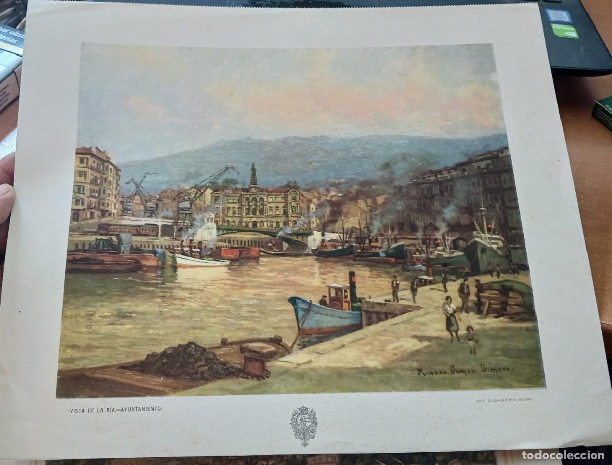 Arte: LITOGRAFIA VISTA DE LA RIA AYUNTAMIENTO RICARDO GOMEZ GIMENO EDIT ELEXPURU HNOS BILBAO