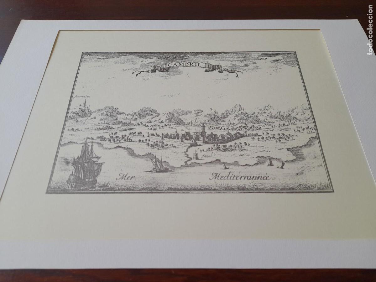 Arte: Litograf&iacute;a del 1643 &ldquo;Cambrils&rdquo; vista medieval rodeada de murallas, preenmarcada con paspartu