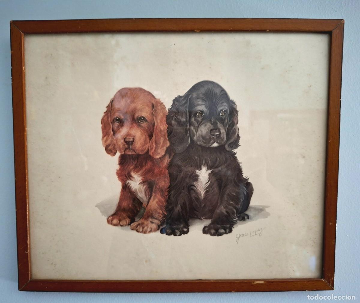 Arte: Grace Lopez - Litograf&iacute;a vintage americana ca.1950 con cachorros de Cocker Spaniel-Cuadro Decoraci&oacute;n