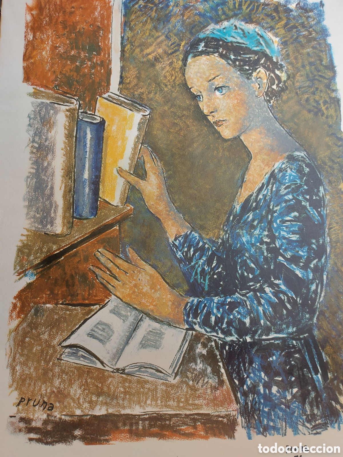 Arte: PERE PRUNA &rdquo;LA JOVEN CON SUS LIBROS&rdquo; LITOGRAFIA 1976