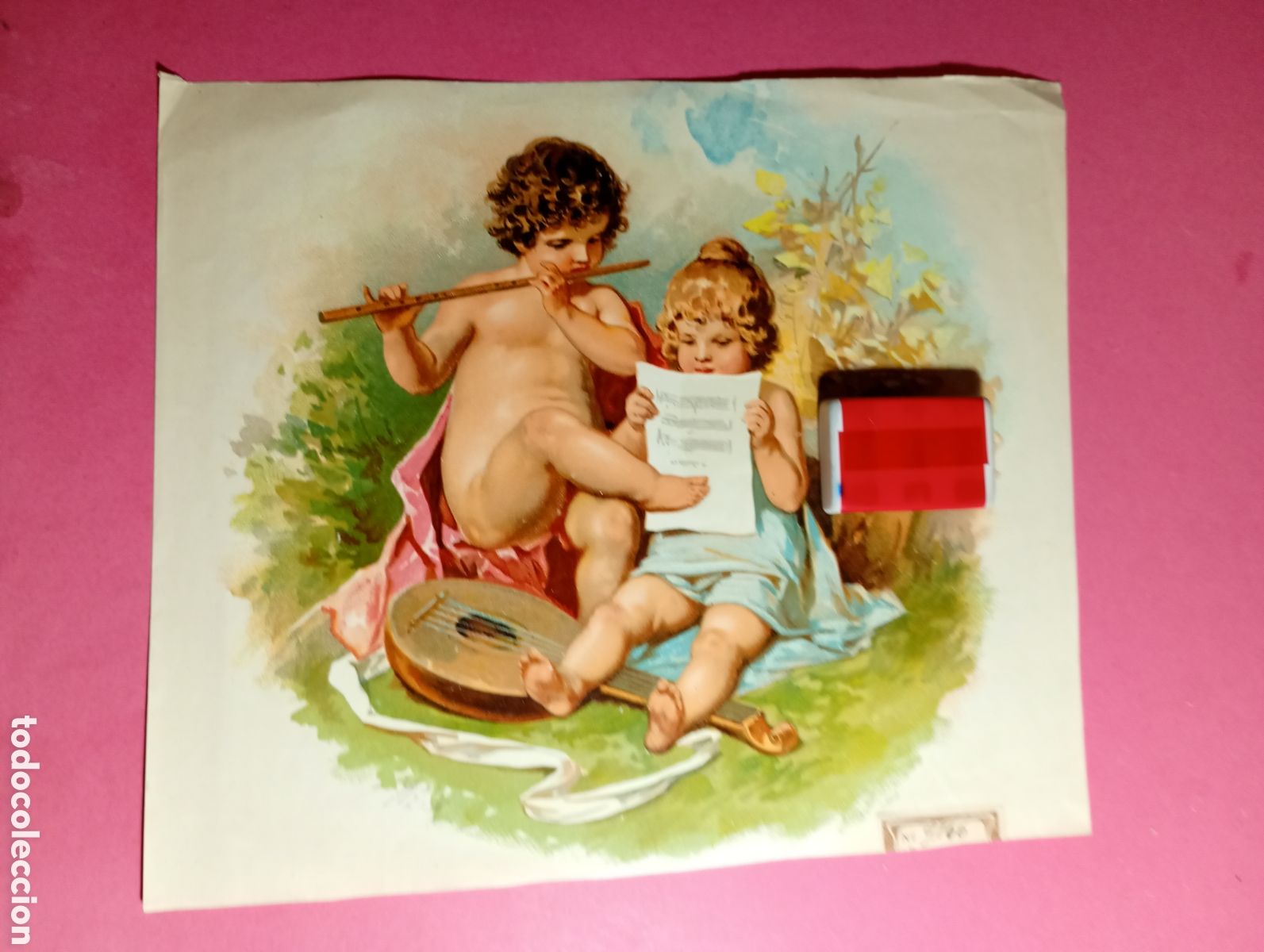 Arte: VINTAGE LITOGRAF&Iacute;A COLOR NI&Ntilde;ITOS ANG&Eacute;LICOS MUSICALES NI&Ntilde;O TOCA FLAUTA TRAVESERA NI&Ntilde;A MIRA PARTITURA
