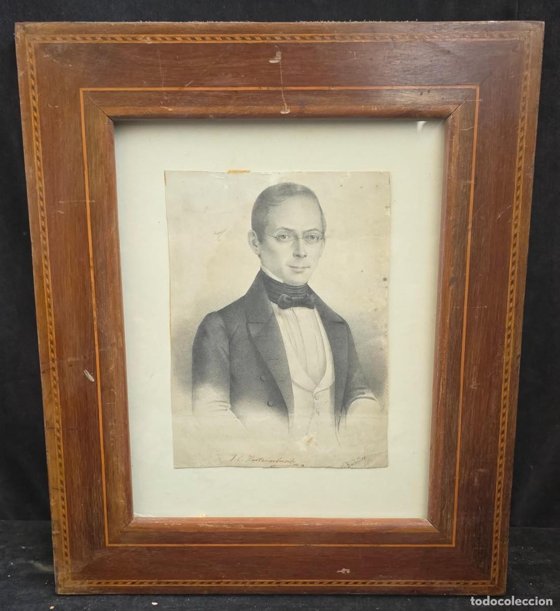 Arte: Grabado Antiguo Retrato de J. L. Martambusch &ndash; Litograf&iacute;a del Siglo XIX &ndash; Marco de Madera