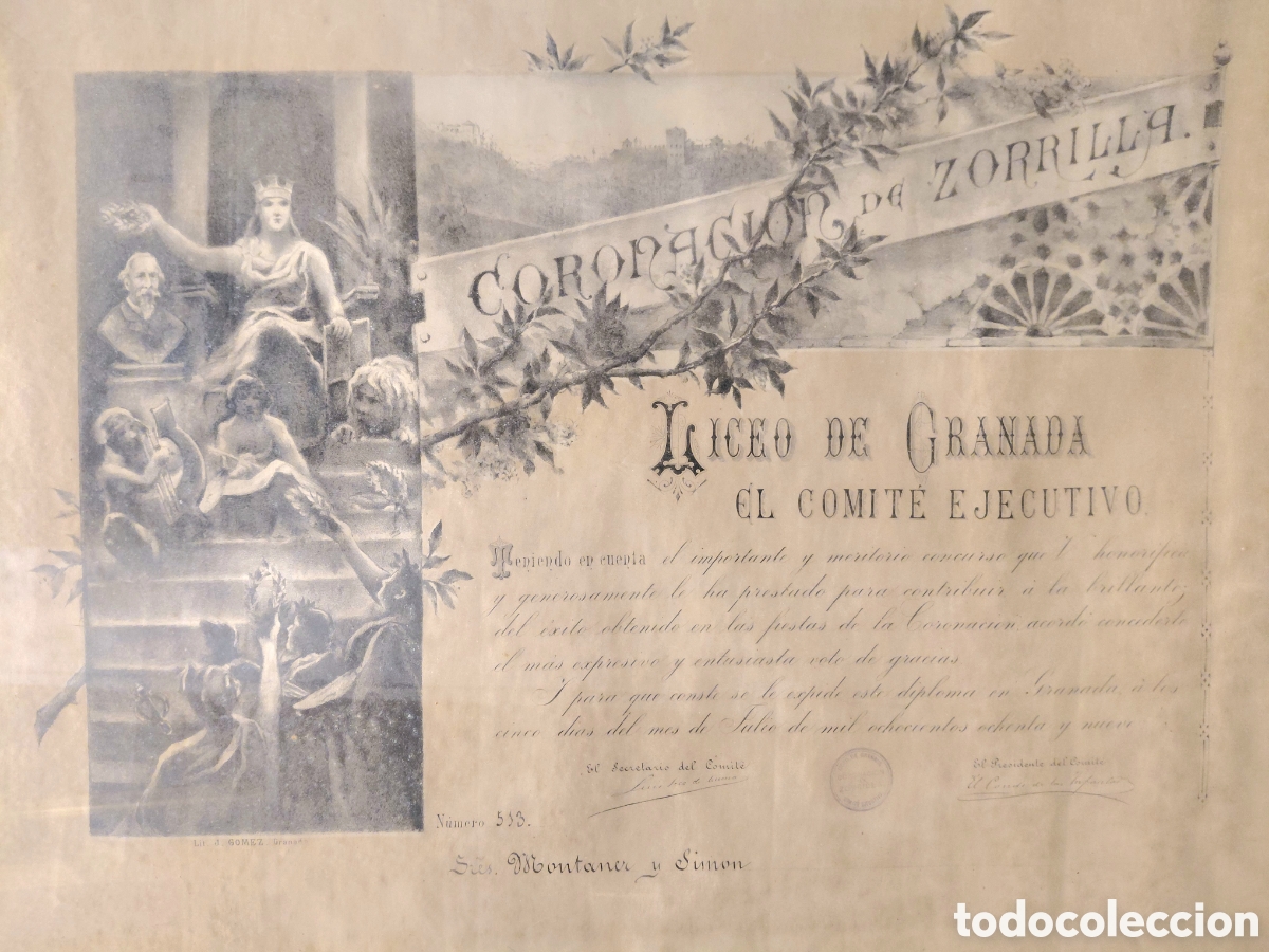 Arte: Diploma original del Liceo de Granada con litograf&iacute;a de J. G&oacute;mez (1889).