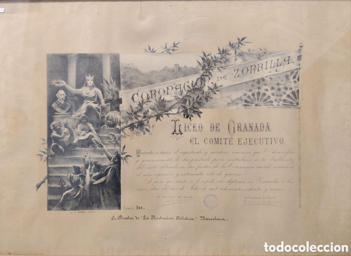 Arte: Diploma original del Liceo de Granada con litograf&iacute;a de J. G&oacute;mez (1889).