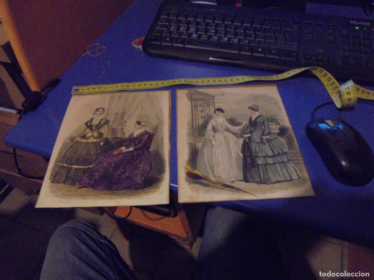 Arte: 2 laminas litografias antiguas coloreadas moda de la epoca originales