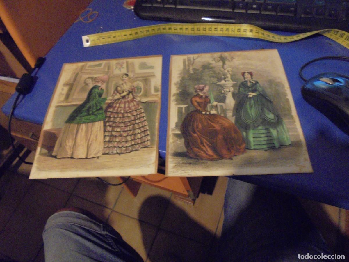 Arte: 2 laminas litografias antiguas coloreadas moda de la epoca originales