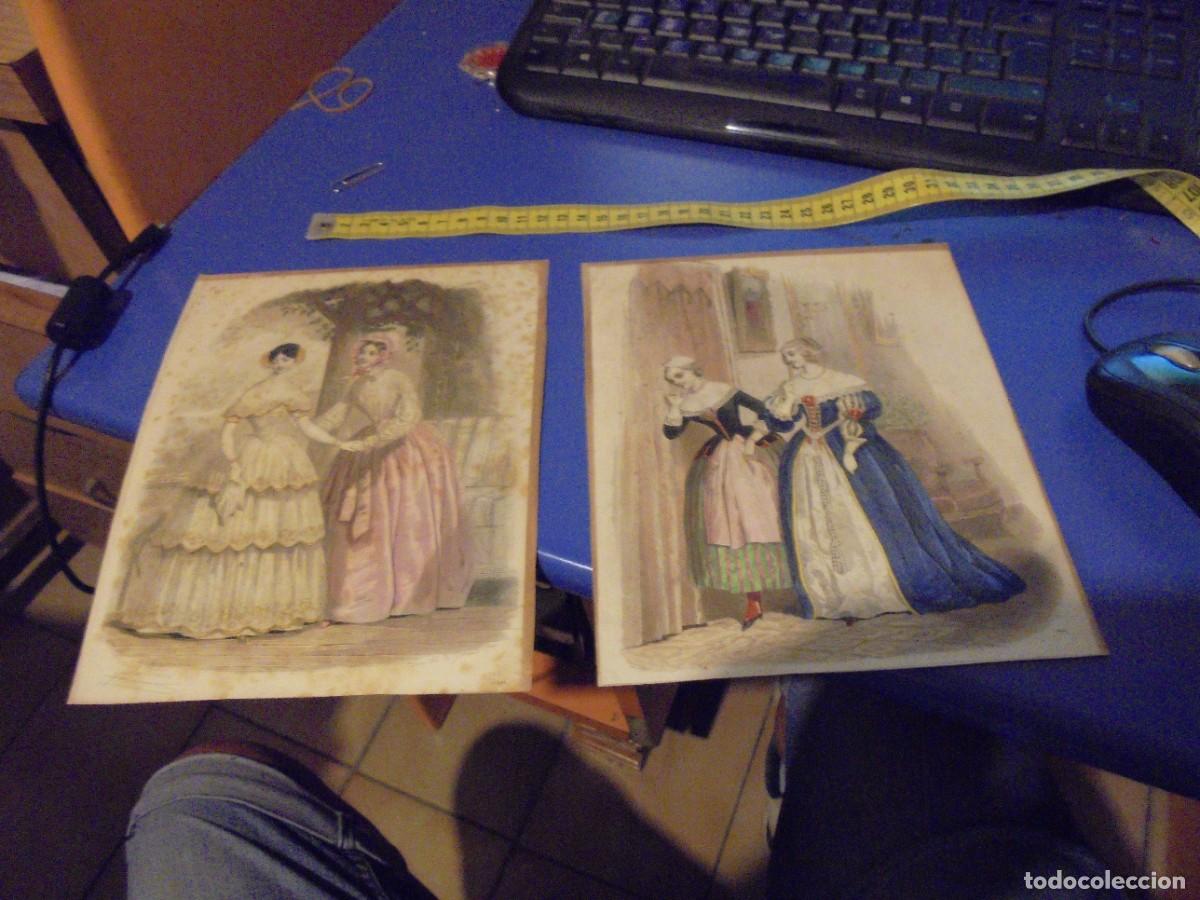 Arte: 2 laminas litografias antiguas coloreadas moda de la epoca originales