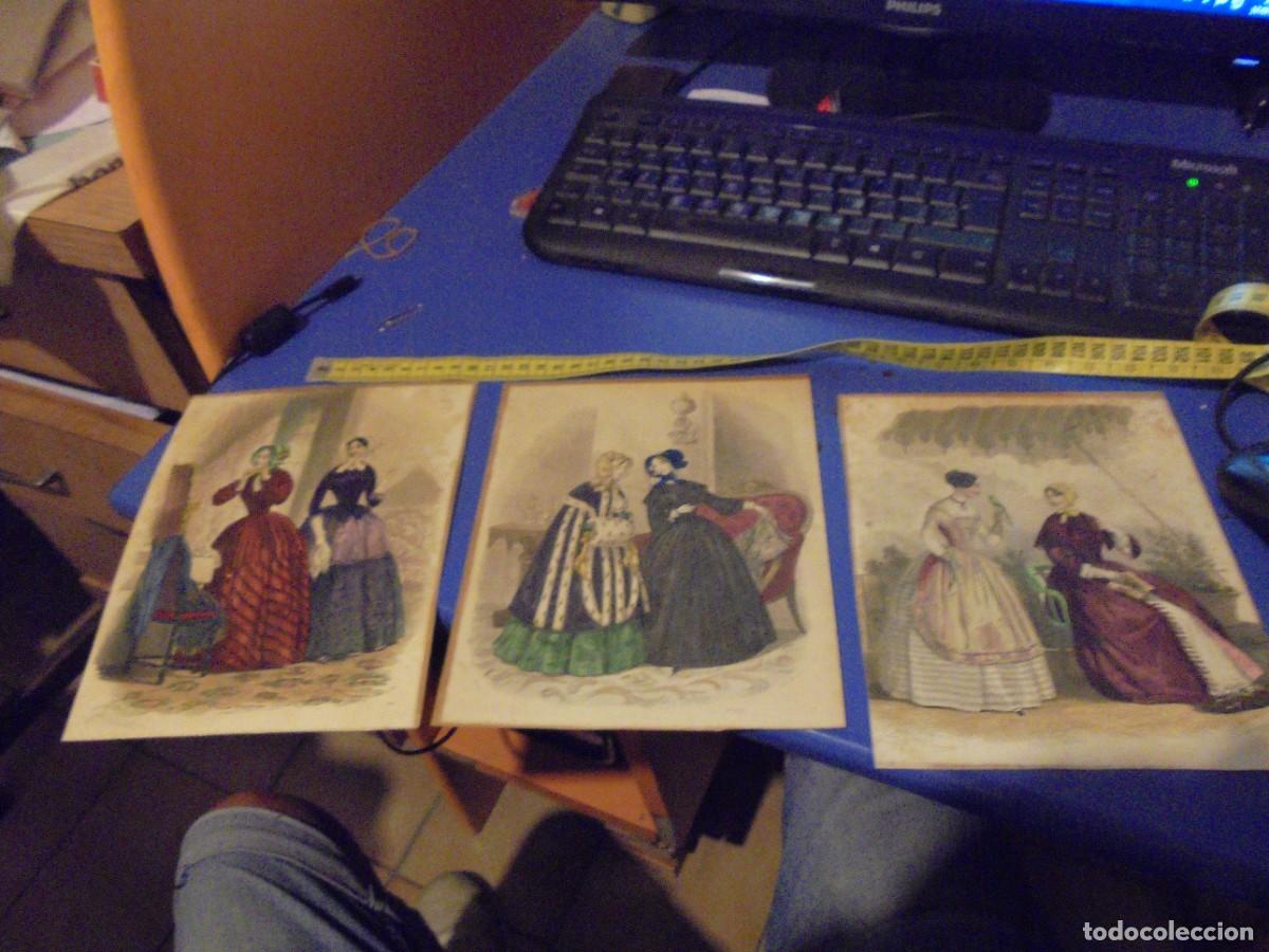 Arte: 3 laminas litografias antiguas coloreadas moda de la epoca originales