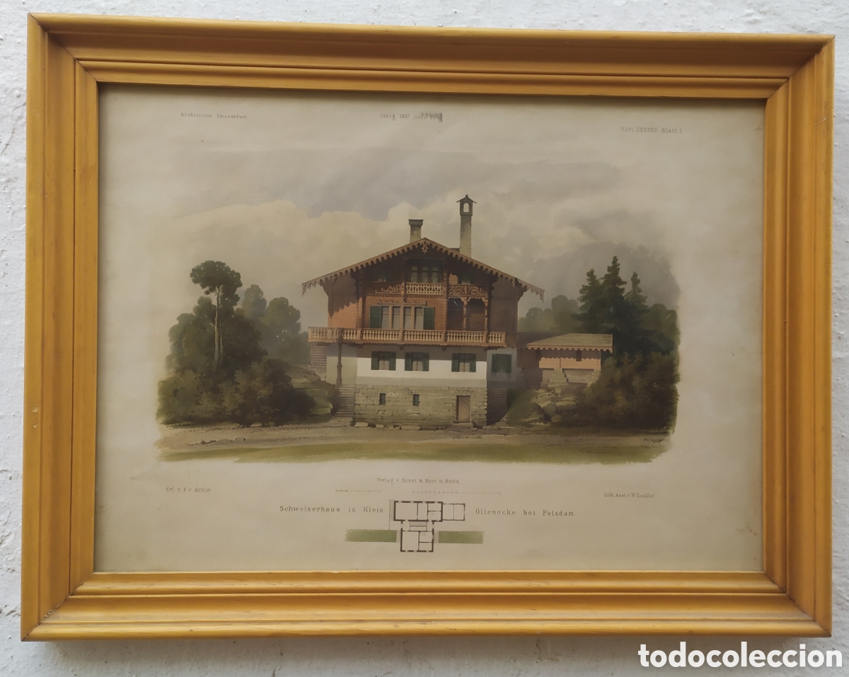 Arte: Litograf&iacute;a enmarcada Casa Suiza en Klein Glienicke, a&ntilde;o 1867 arquitecto Ferdinand von Arnim