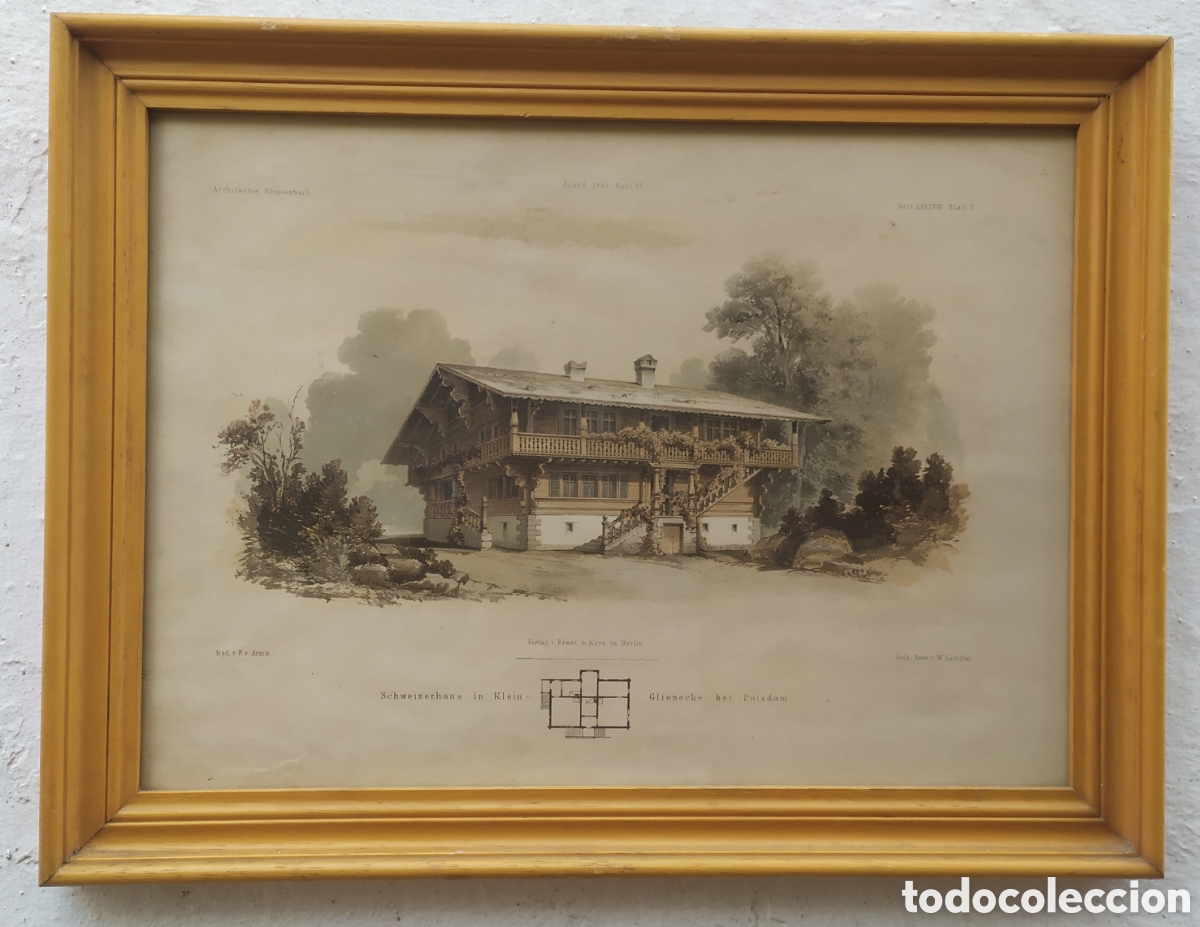 Arte: Litograf&iacute;a enmarcada Casa Suiza en Klein Glienicke, del arquitecto Ferdinand von Arnim en 1867