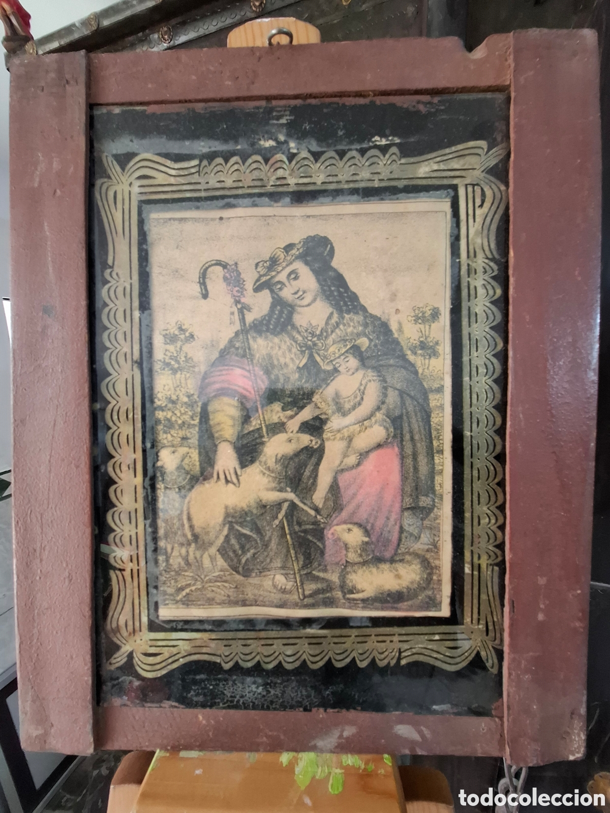 Arte: LITOGRAFIA ENMARCADA CON CRISTAL. S.XIX. DIVINA PASTORA. MARCO REPINTADO