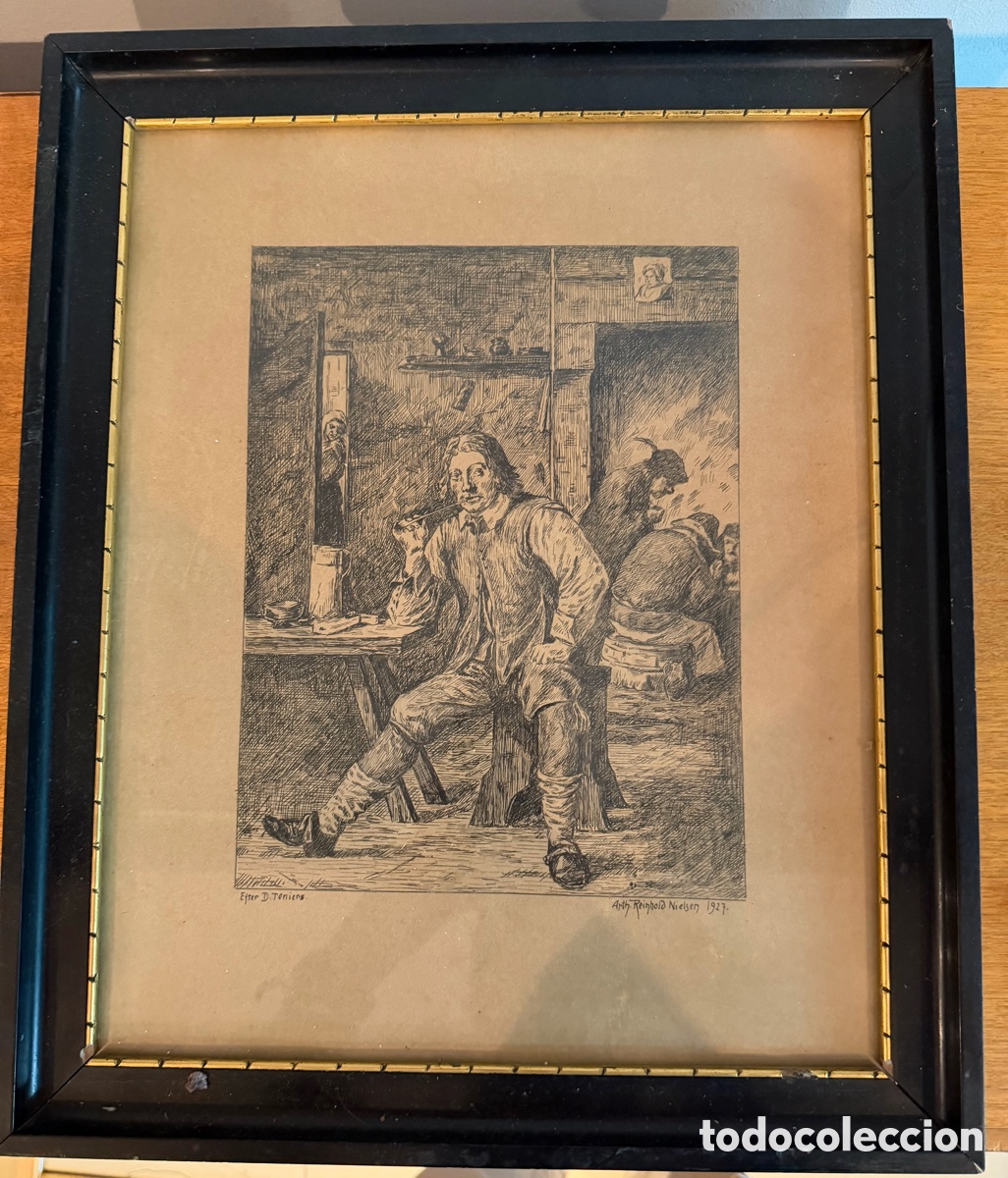 Arte: Litograf&iacute;a Arthur Reinhold Nielsen (1927) seg&uacute;n David Teniers &ndash; &ldquo;Un fumador de pipa&rdquo; &ndash; Enmarcada