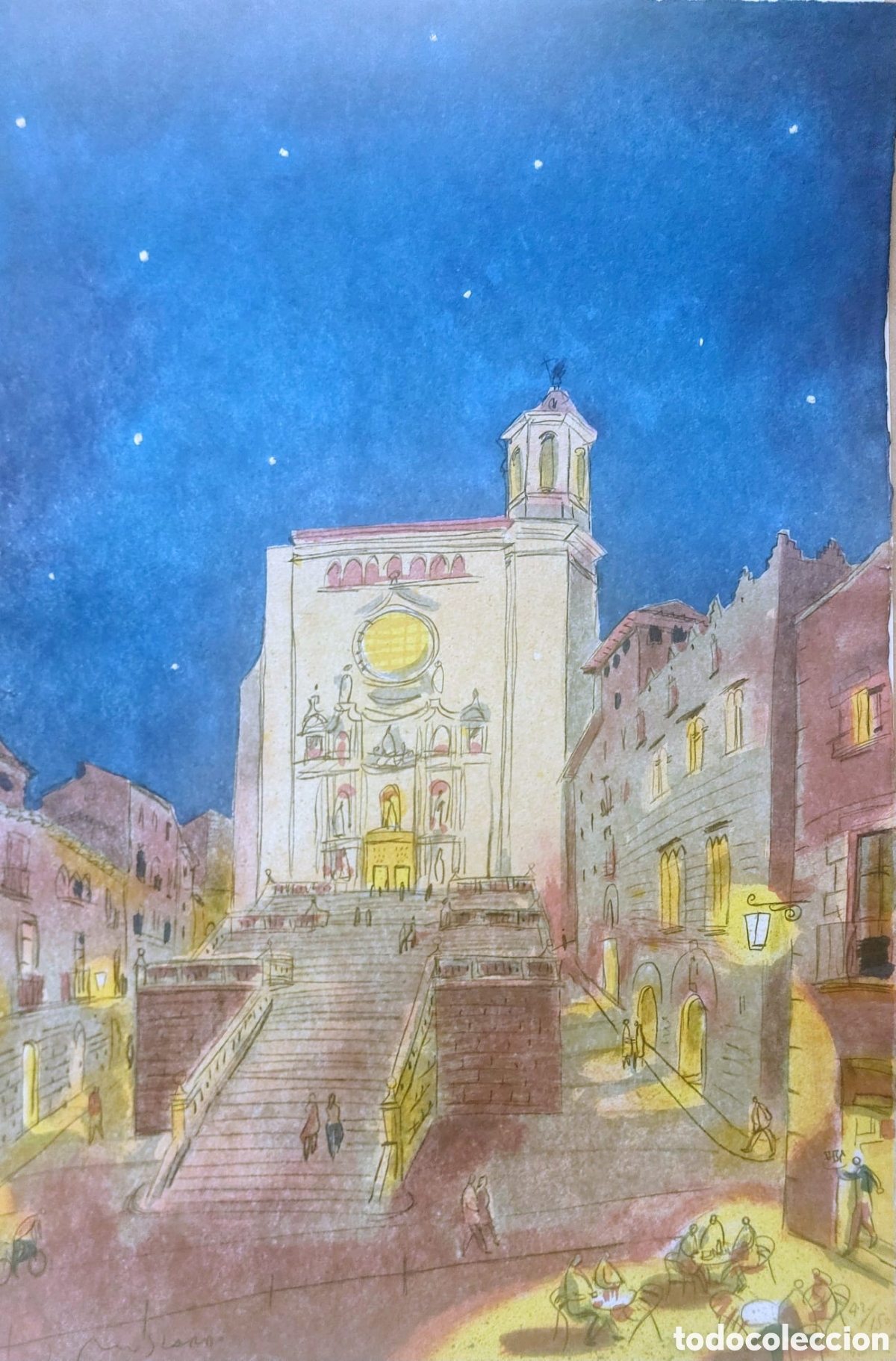 Arte: JOSEP MOSCARDO LITOGRAFIA PAPEL ESPECIAL N 42 DE 150 LIMITADA MEDIDA 75X52 CATEDRAL DE GERONA. .