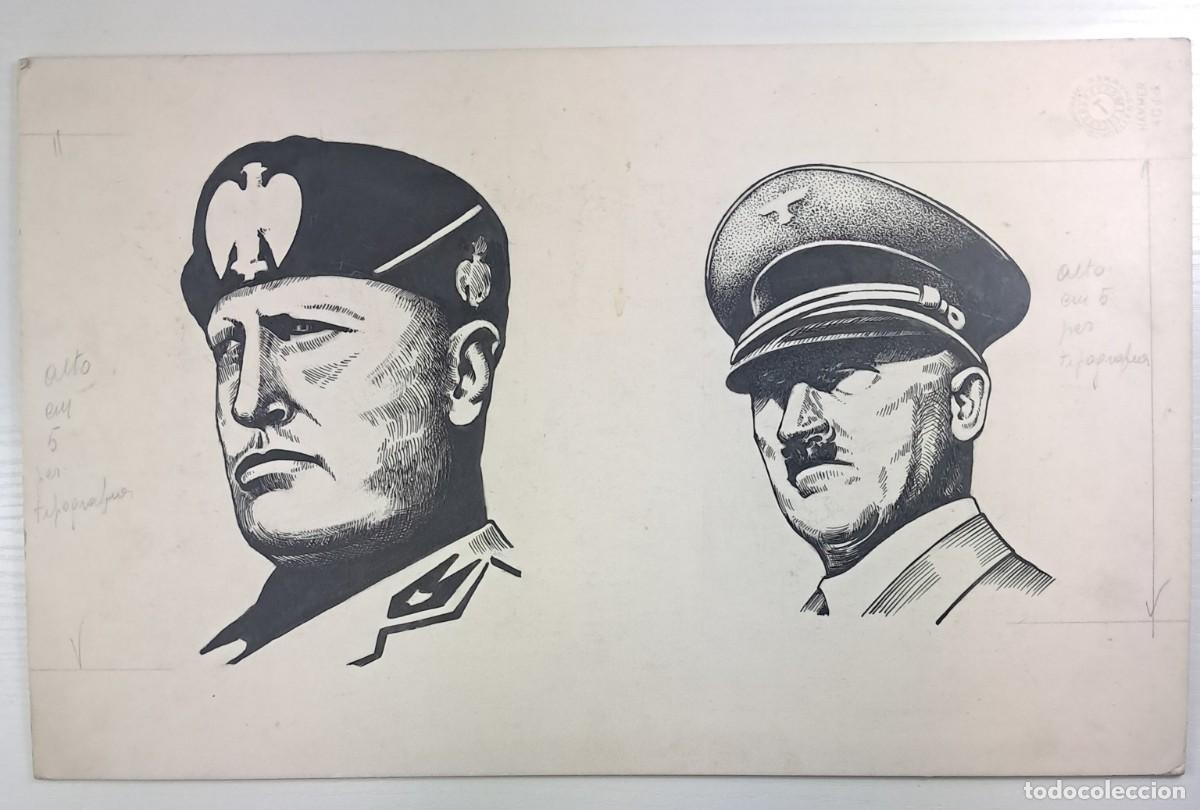 Arte: Bozzetto originale esecutivo di propaganda (Asse Roma-Berlino) &ndash; Ritratti di Mussolini e Hitler