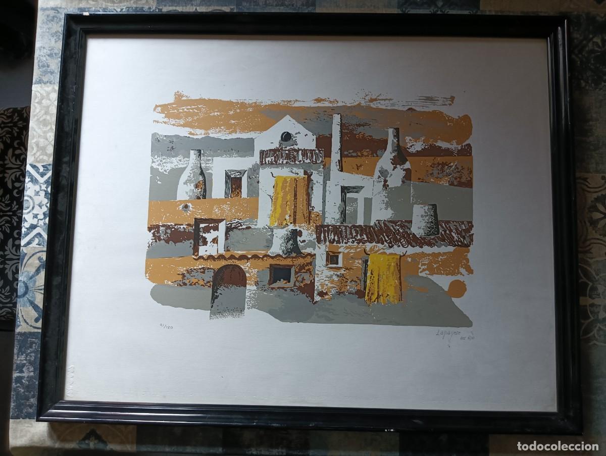 Arte: Ram&oacute;n LAPAYESE (Madrid 1928-1994) Pueblo litograf&iacute;a 29x40 enmarcada 50x63cms, Firma l&aacute;piz y num