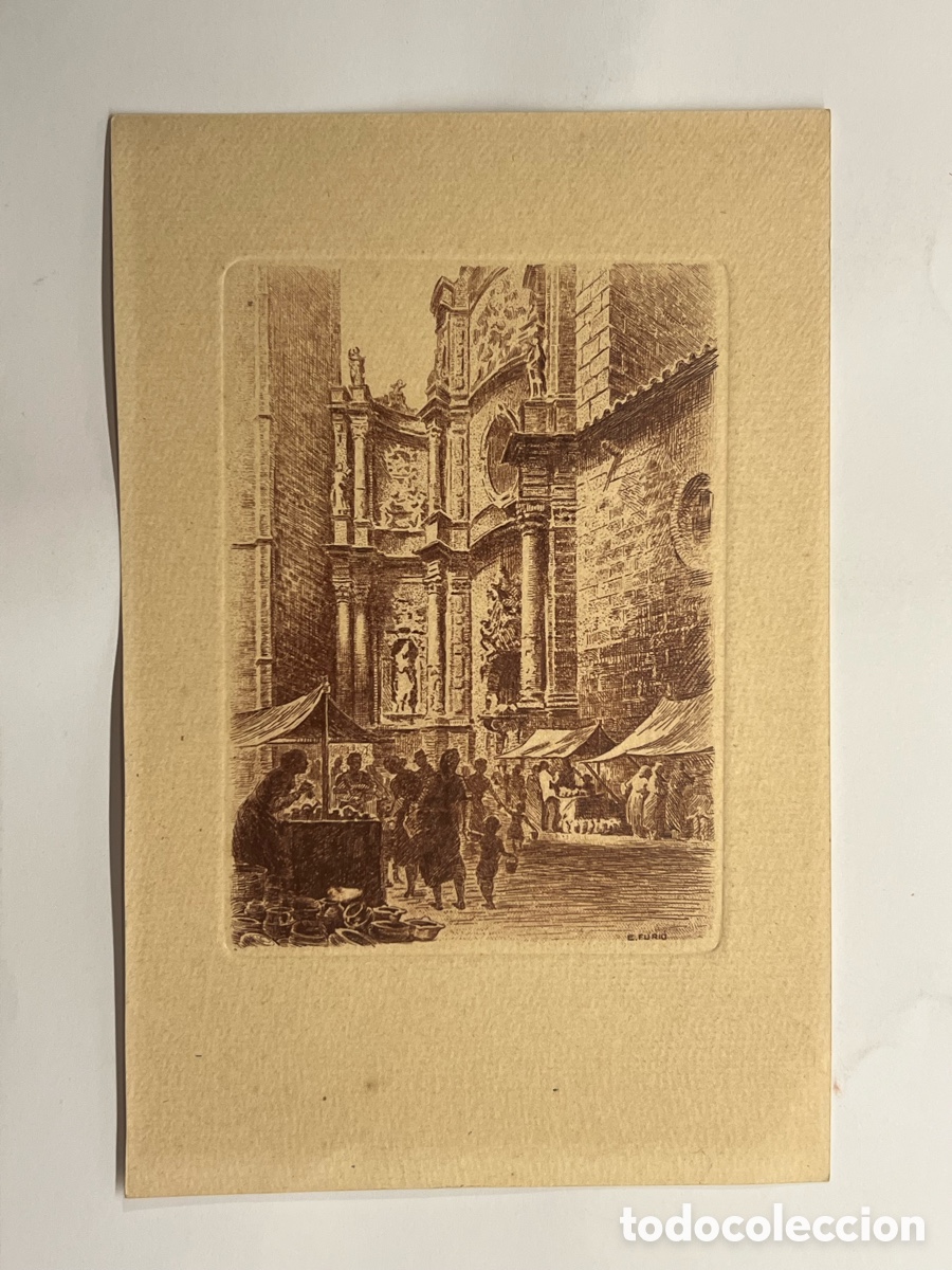 Arte: VALENCIA. Puerta Barroca de la Catedral.. Grabado litogr&aacute;fico E. Furio (h.1950?) Med&iacute;das: 10,5 x 16