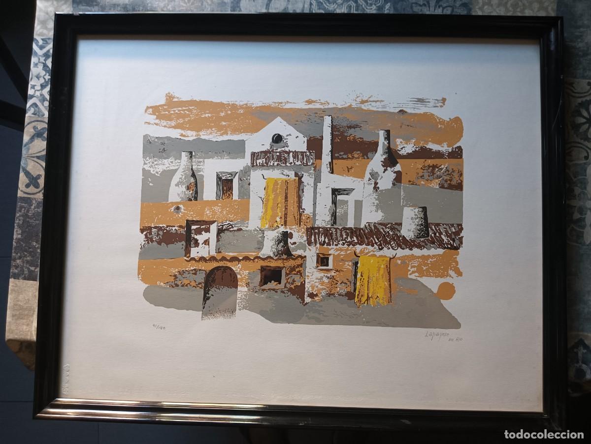 Arte: Ram&oacute;n LAPAYESE (Madrid 1928-1994) Pueblo litograf&iacute;a 29x40 enmarcada 50x63cms, Firma l&aacute;piz y num
