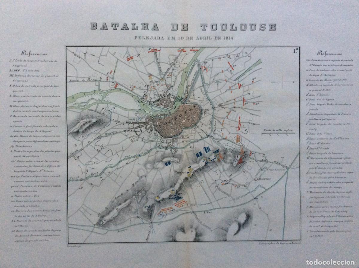 Arte: Guerra Peninsular. Mapa militar litogr&aacute;fico do s&eacute;culo XIX, original da &eacute;poca. Batalha de Toulouse