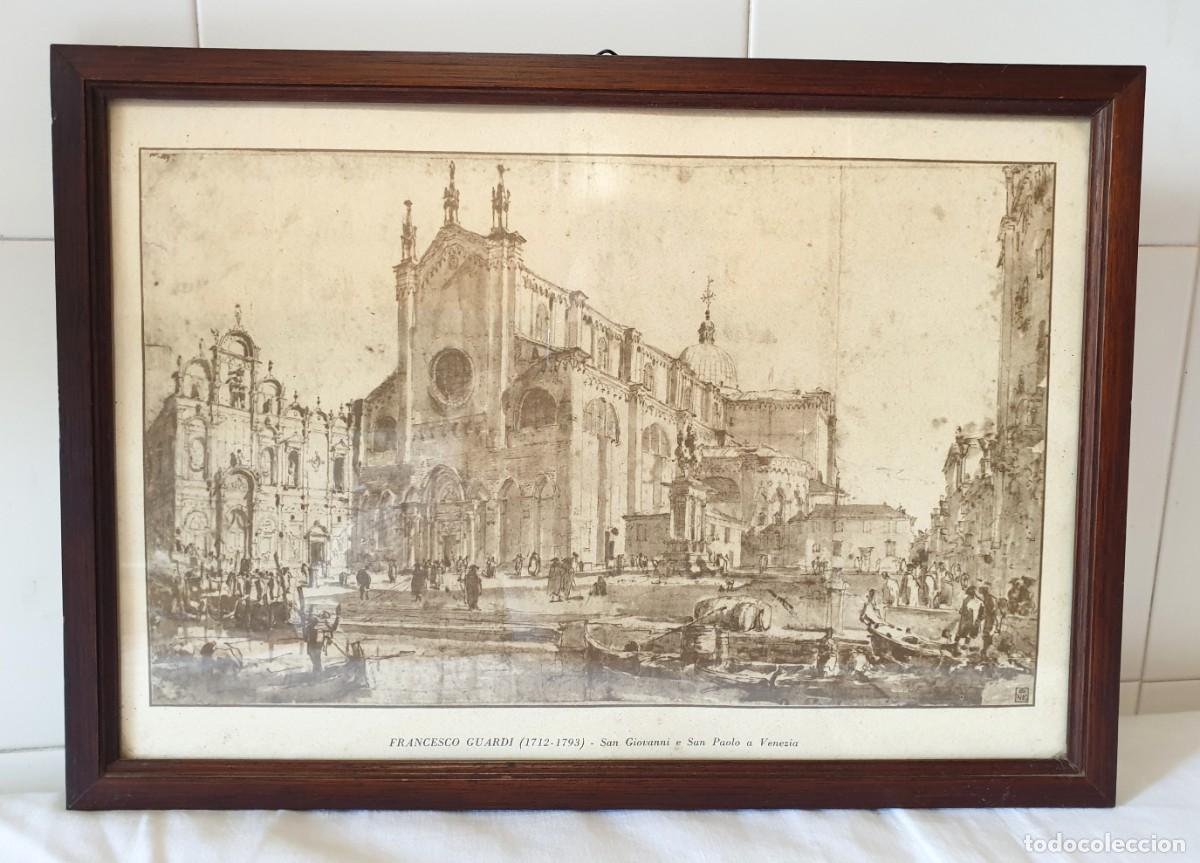 Arte: Grabado decorativo antiguo de Francesco Guardi - Bas&iacute;lica de los Santos Juan y Pablo
