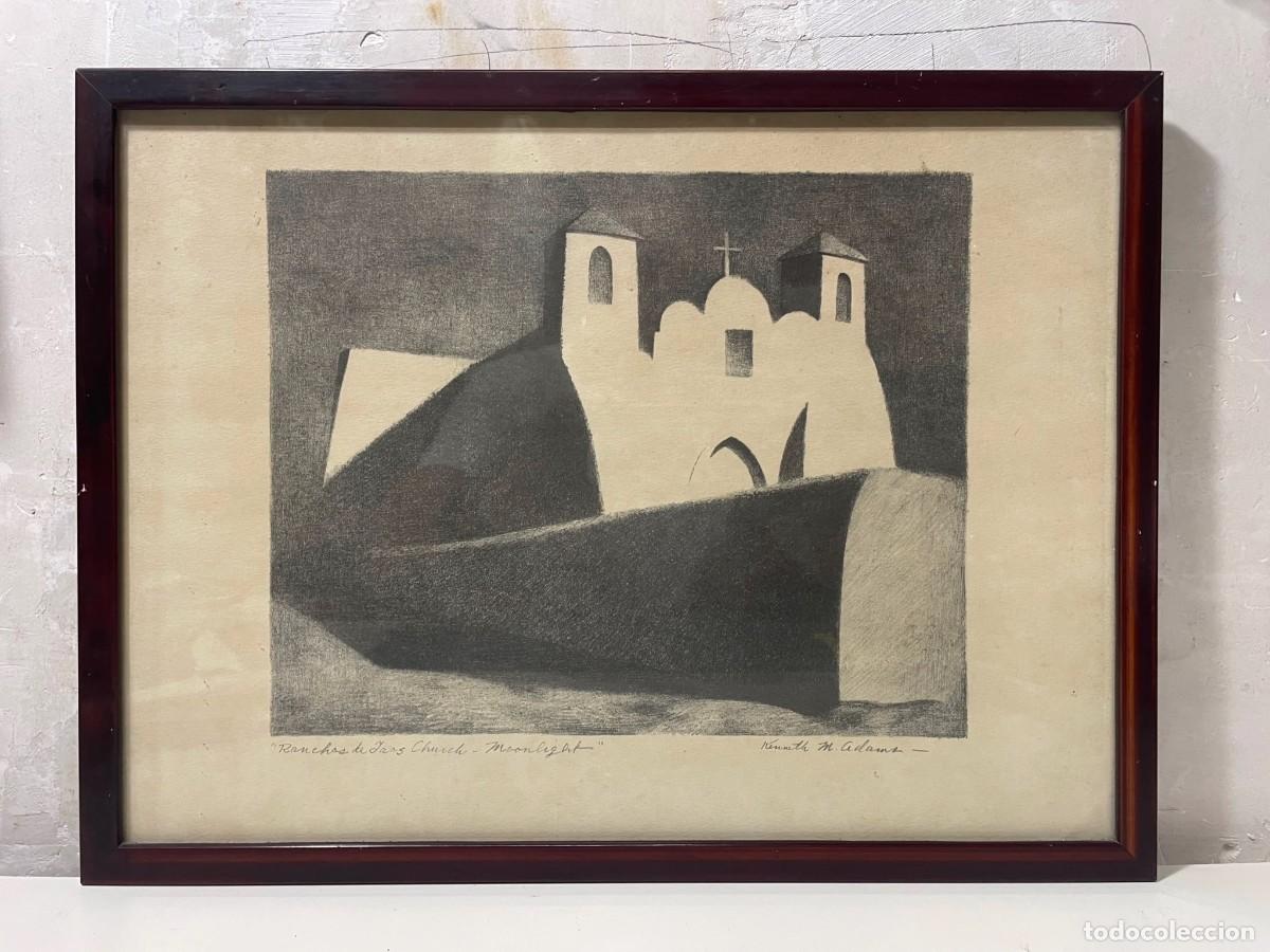 Arte: Litograf&iacute;a Kenneth M. Adams RANCHOS DE TAOS CHURCH, MOONLIGHT, 1950