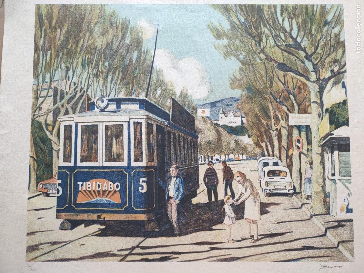 Arte: Pascual Bueno litograf&iacute;a original Tibidabo tranv&iacute;a Blau