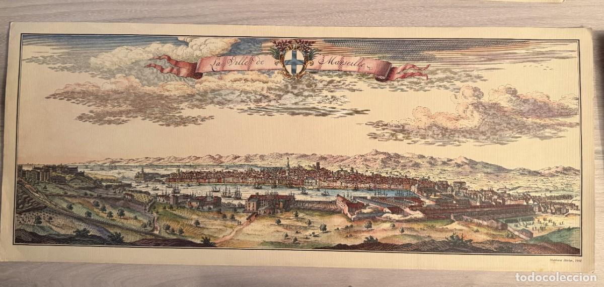 Arte: Grabado antiguo de Marsella (Marseille) &ndash; Matth&auml;us Merian &ndash; Vista panor&aacute;mica
