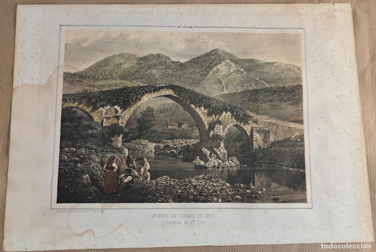Arte: Litograf&iacute;a S. XIX &ldquo;Puente en Cangas de On&iacute;s y ermita de Sta. Cruz&rdquo; &ndash; Asturias