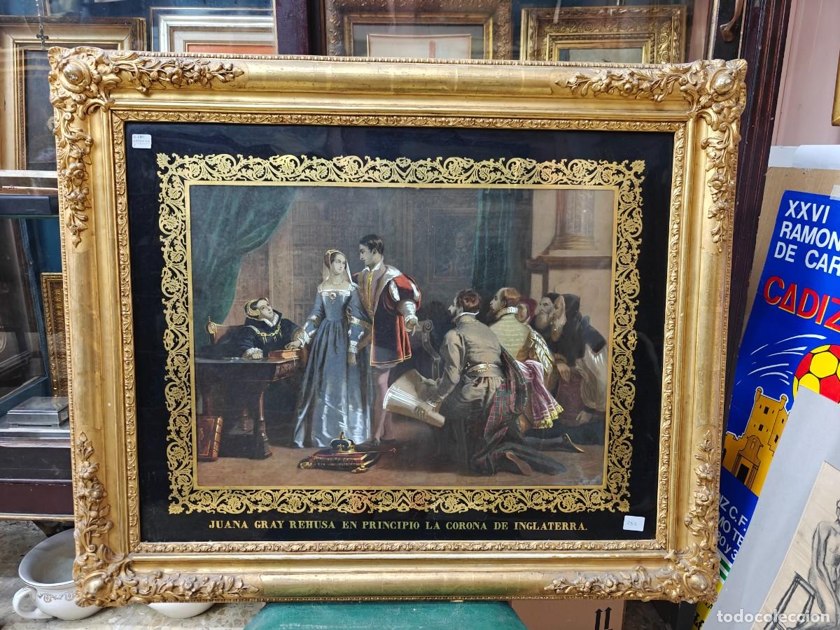 Arte: Antigua Litograf&iacute;a Siglo XIX &ndash; Juana Grey Reh&uacute;sa la Corona de Inglaterra &ndash; Magn&iacute;fico Marco Dorado al