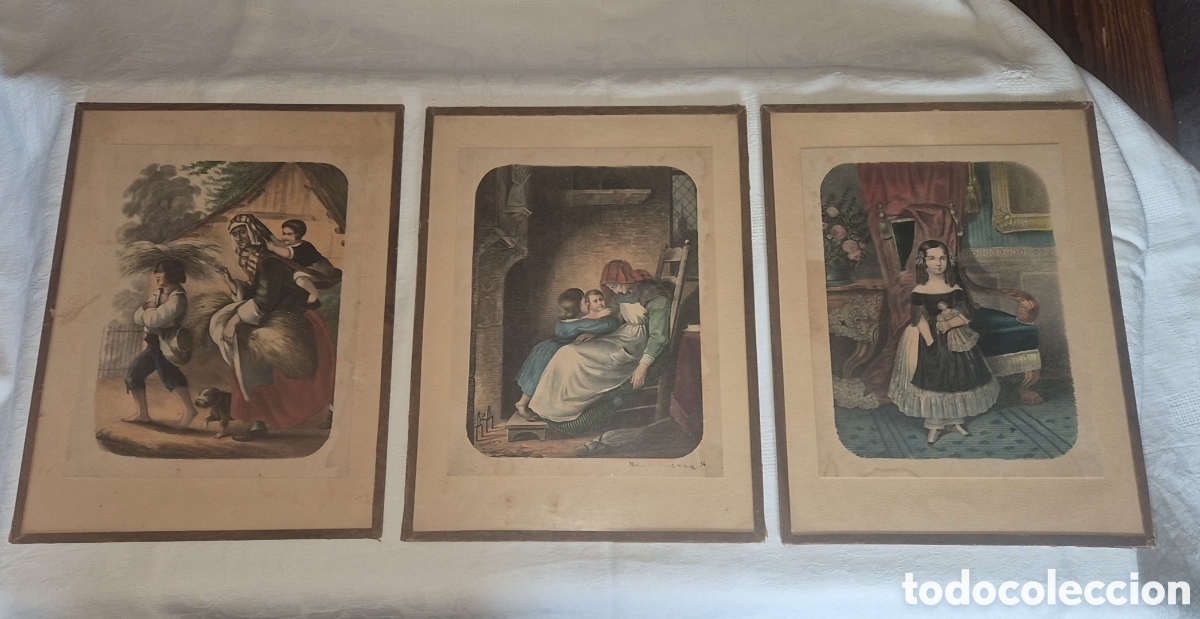 Arte: Litograf&iacute;as antiguas alemanas s. XIX, Jos. Scholz Mainz, escenas infantiles Biedermeier