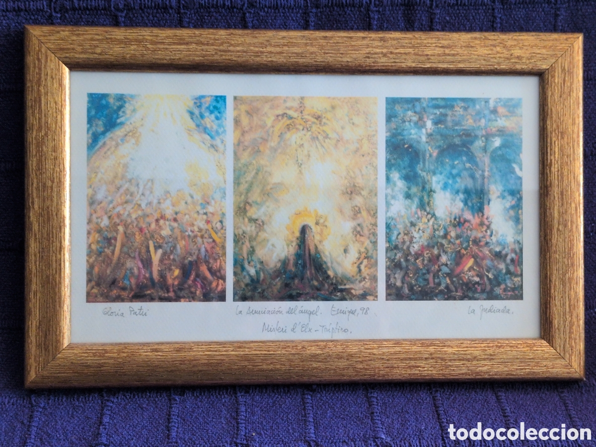 Arte: Tr&iacute;ptico Misteri d'Elx. Firmado a mano por autor. Litograf&iacute;a enmarcada en madera y cristal.