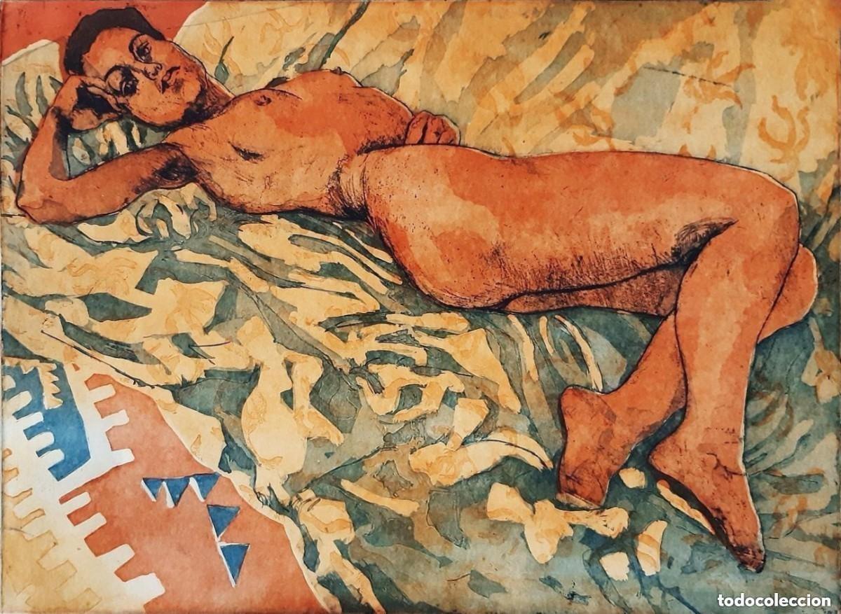 Kunst: LITOGRAF&Iacute;A Marcel Schellekens (1954) - Vragende vrouw in blauw - XXL - Triple plancha COLOR