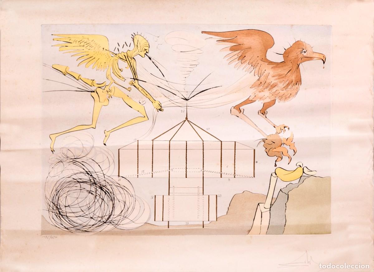 Arte: Salvador DALI - Punta seca y pochoir - 1975 - El Aeroplano (Homanaje a Da Vinci)