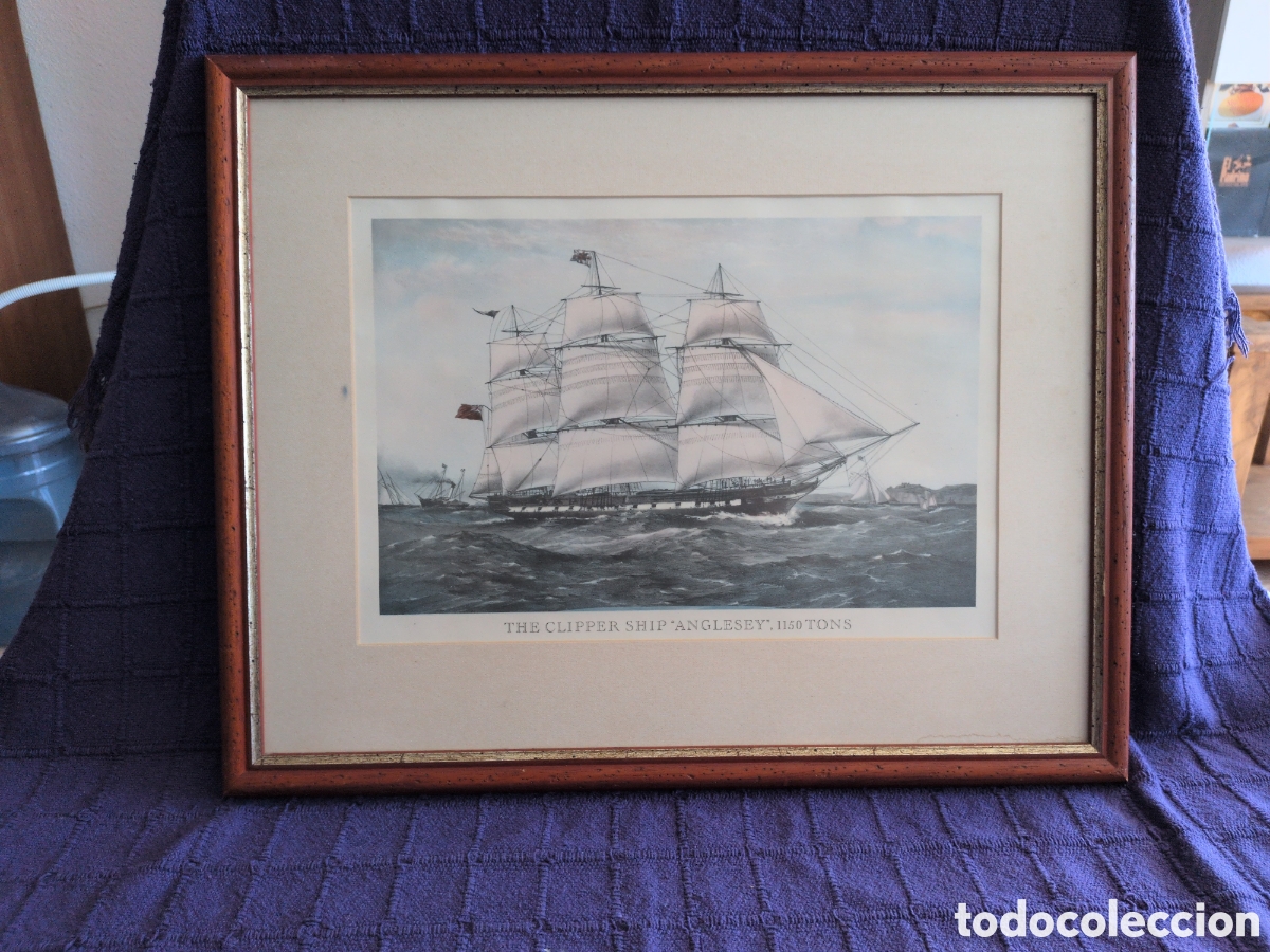 Arte: Litograf&iacute;a antigua Enmarcada en madera y cristal Barco Cl&iacute;per &rdquo;Anglesey&rdquo; (1150 Tons).