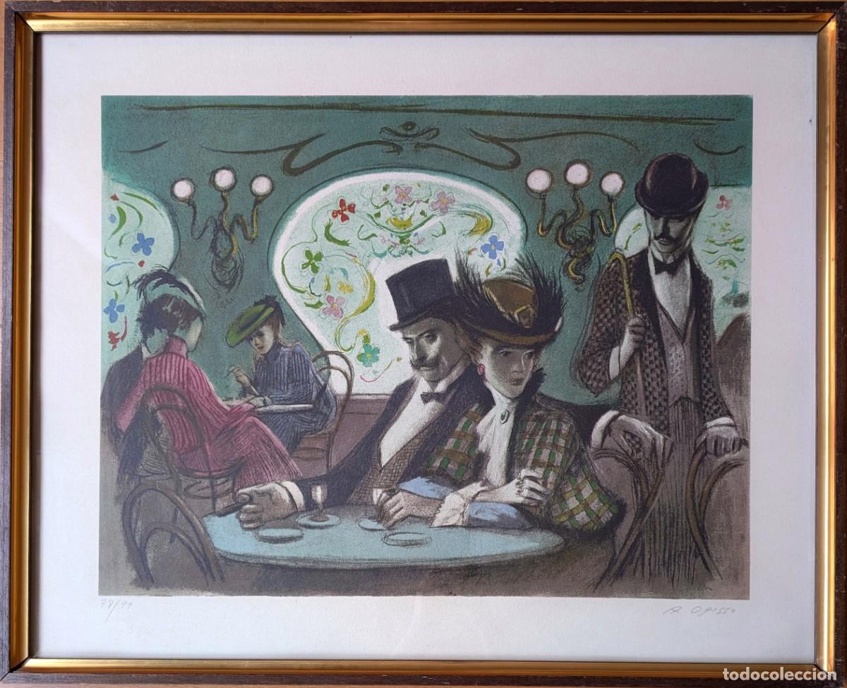 Arte: Litograf&iacute;a Alfred Opisso Cardona, firmada y numerada, siglo XX. T&iacute;tulo Caf&eacute; Par&iacute;s, Marco 66x 89 cm