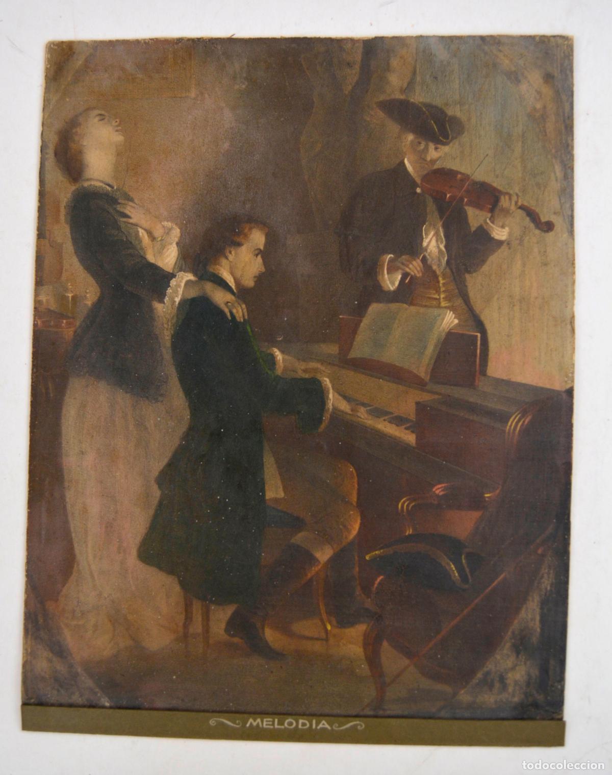 Arte: Trio musical, pianista, violinista y cantante, litograf&iacute;a coloreada, titulada Melod&iacute;a, siglo XIX.