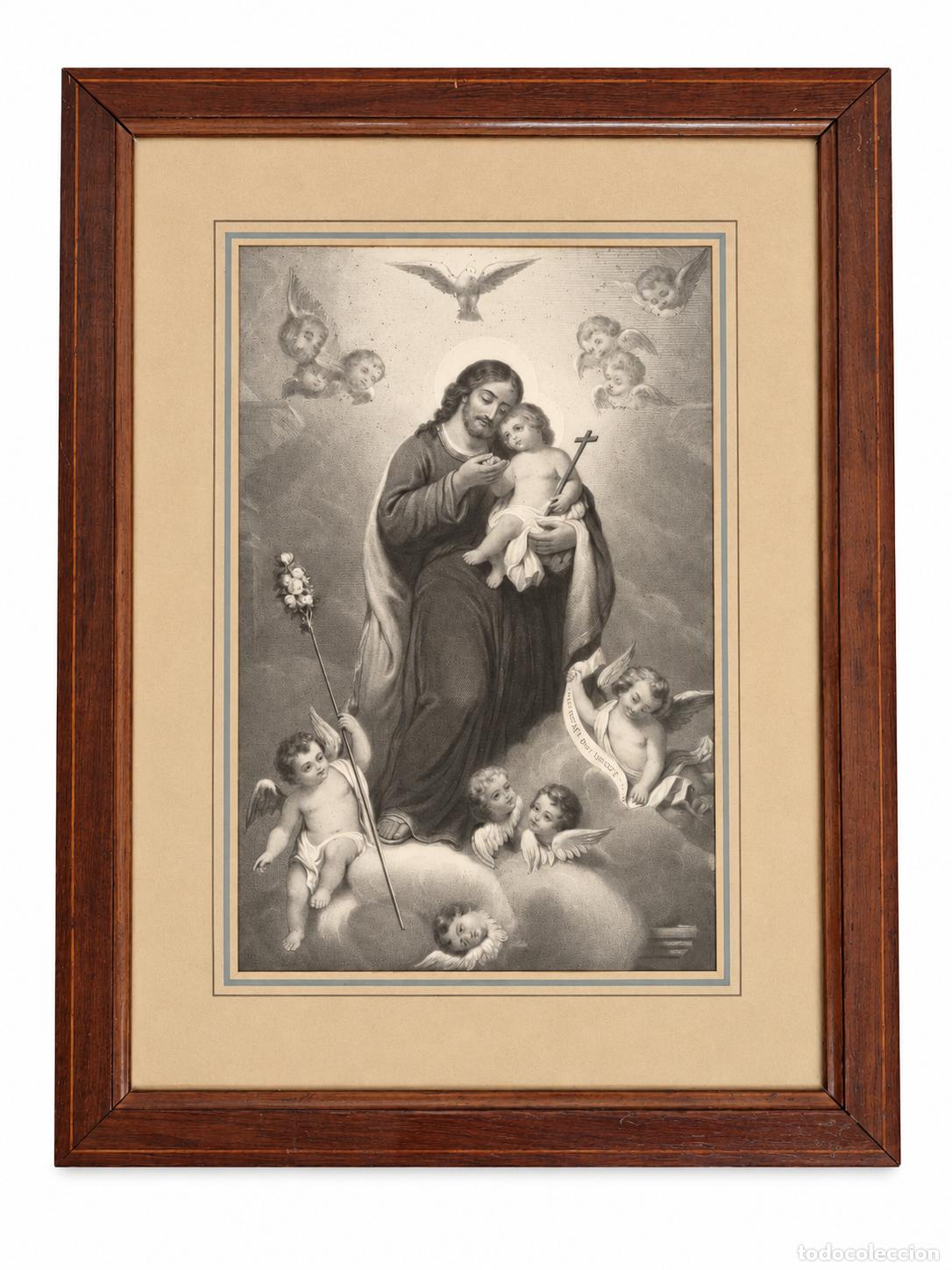 Arte: Antigua Litograf&iacute;a Enmarcada, San Jos&eacute; con el Ni&ntilde;o Jes&uacute;s - Bartolom&eacute; Esteban Murillo - S.XIX