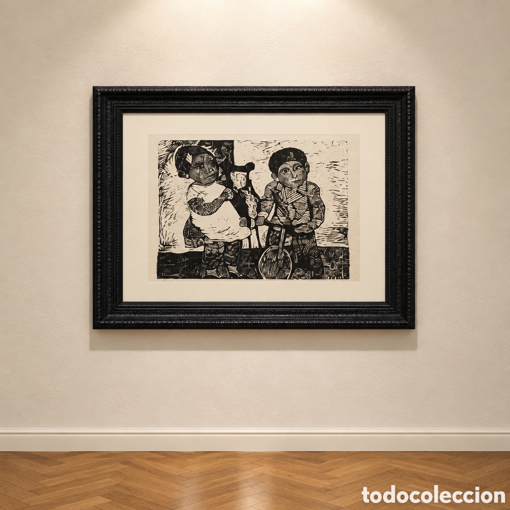 Arte: MANUEL ALCORLO. XILOGRAFIA. NI&Ntilde;OS JUGANDO. FIRMADA Y NUMERADA 25/170. A&Ntilde;O 1970