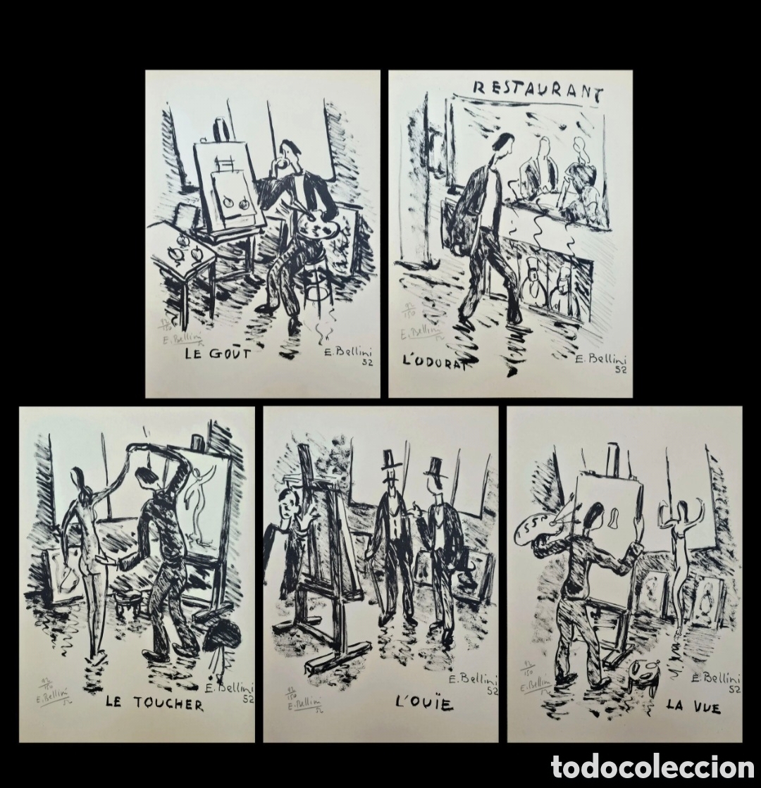 Arte: Emmanuel Bellini ( 1904-1989 ) serie de 5 litograf&iacute;as monocrom&aacute;tico firmados y fechados 52