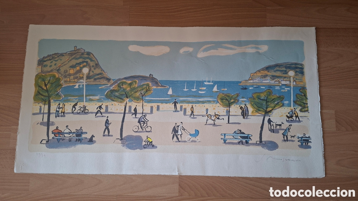 Arte: Josep Moscard&oacute;. &rdquo;Playa de La Concha, San Sebasti&aacute;n&rdquo;. Litograf&iacute;a original. 28/59