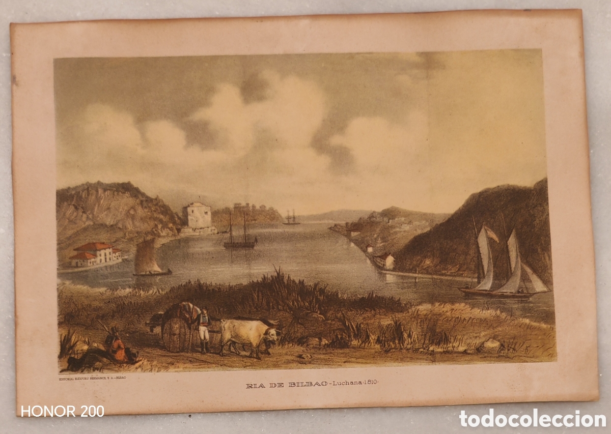 Arte: L&aacute;mina Bilbao - R&iacute;a de Bilbao. Luchana 1810 - Ed. Elexpuru. A&ntilde;os 50