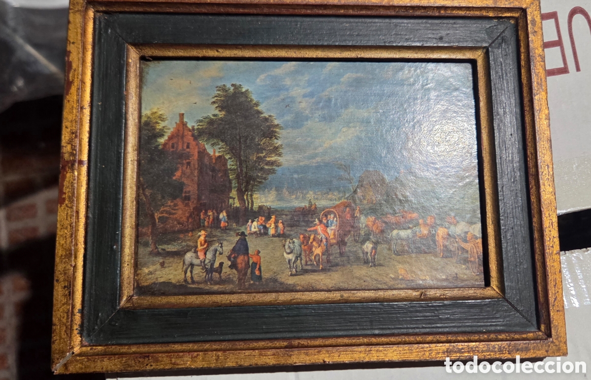 Arte: Litograf&iacute;a &rdquo;Paisaje urbano con viajeros y un molino de viento&rdquo; Joseph van Bredael