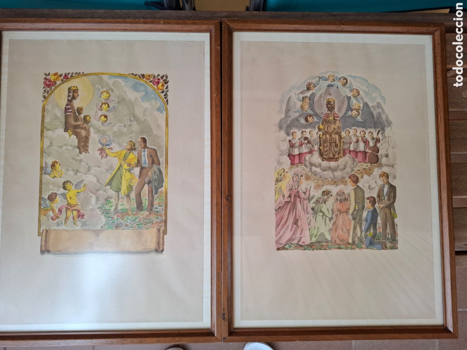 Arte: LOLA ANGLADA 2 DIBUJOS LITOGRAFIAS ILUMINADAS A MANO Y FIRMA VIRGEN DE MONTSERRAT ESCOLANIA ANGELES