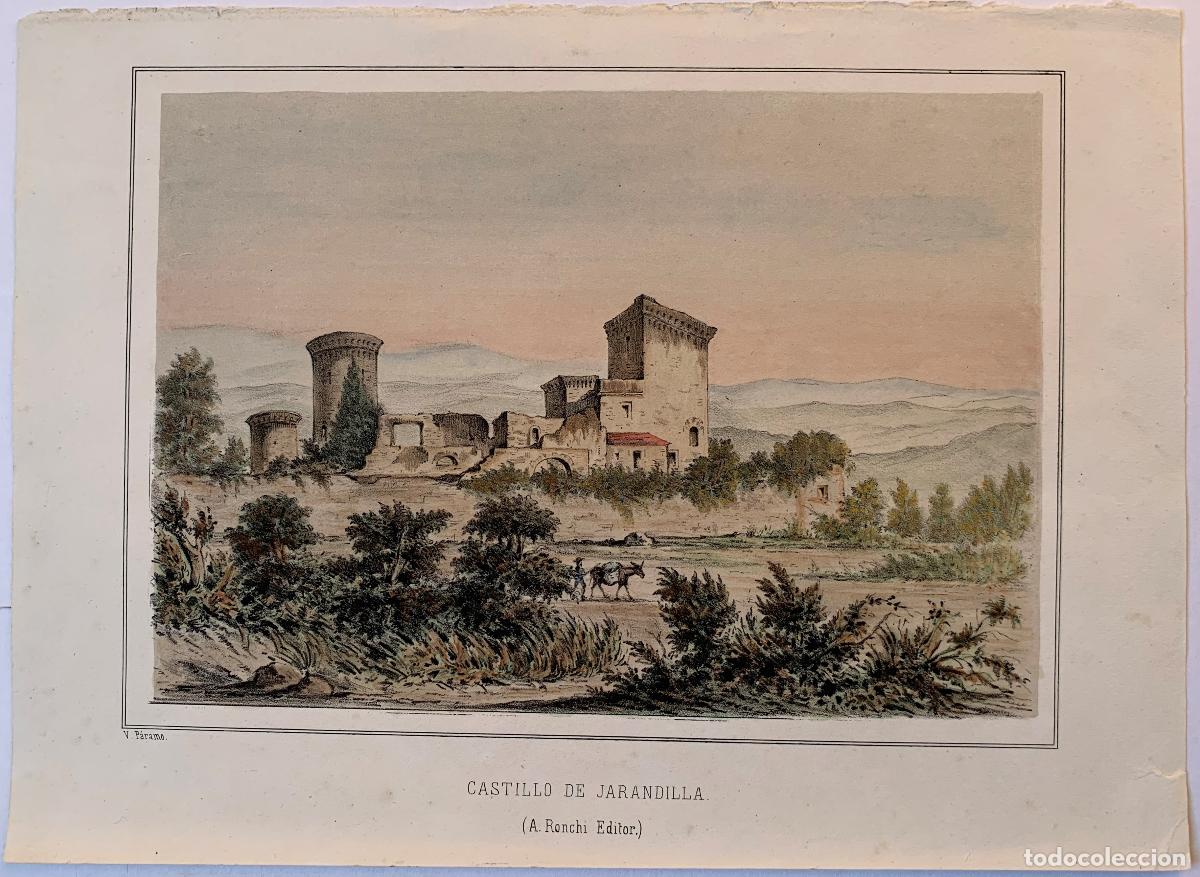 Arte: Castillo de Jarandilla, C&aacute;ceres - Litograf&iacute;a original de V. P&aacute;ramo s. XIX