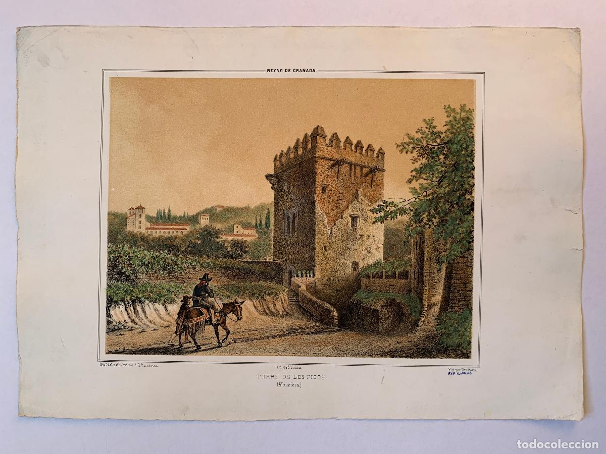 Arte: Torre de los Picos, Alhambra de Granada - Litograf&iacute;a original Parcerisa