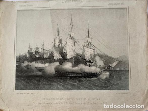 Arte: Bombardeo de los fuertes de la r&iacute;a de Tetu&aacute;n - Litograf&iacute;a, 1860